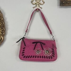 Vintage Y2K Chateau Pink Suede Leather Beaded Shoulder Bag
